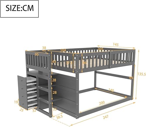 PUGSDRLY Lit Superposé en Bois 140x200cm, 2 Places avec 4 Tiroirs, pour Adolescent et Enfant, Design Clôture Haute, Cadre de Lit (Gris) - Nail Gallerys