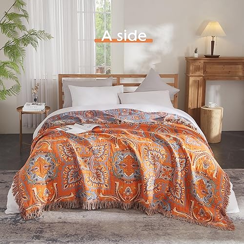 SE SOFTEXLY Couverture bohème 100% Coton Double Face en Mousseline bohème - 230 x 250 cm - Couverture Patchwork - Couverture de canapé et jeté de lit - Idéale pour Le Salon et la Chambre à Coucher - Nail Gallerys