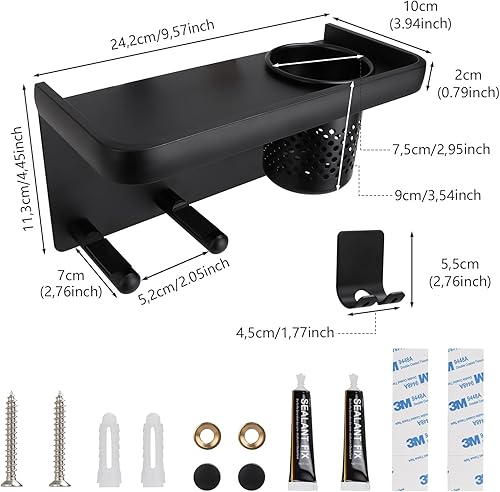 Support Seche Cheveux Et Lisseur Noir Porte Seche Cheveux Et Lisseur Aluminium Support Lisseur Support Seche Cheveux Multifonctionnel Porte Seche Cheveux Mural Pour Hôtel, Salle De Bain, Barbershop - Nail Gallerys