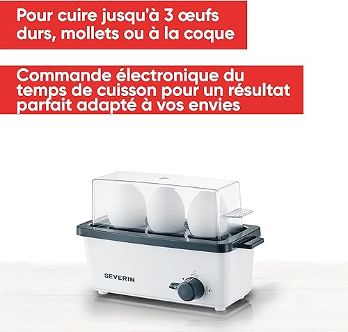 SEVERIN Cuiseur à œufs 300 W, Appareil de cuisson pour 1 à 3 œufs, Doseur d'Eau Gradué et Perce-Œufs Inclus, Cuit-œufs avec contrôle électronique du temps de cuisson, blanc/gris, EK 3161 - Nail Gallerys