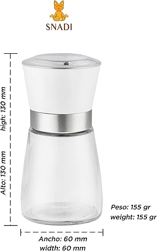 Moulin à sel, poivre et autres épices - Corps en verre, tête en plastique coloré élégant, roulements en céramique - Blanc - Nail Gallerys