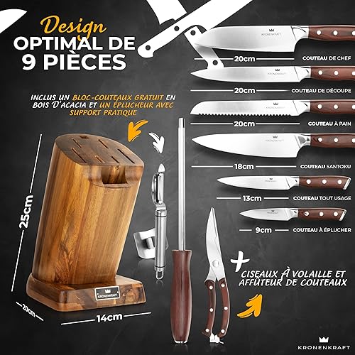 Set de Couteaux KRONENKRAFT® de 9 Pièces - Inclut Couteau de Chef, Couteau Santoku, et Plus - Fabriqué en Acier Allemand, Manche en Bois Pakka - Idéal pour Cuisine Professionnelle - Nail Gallerys