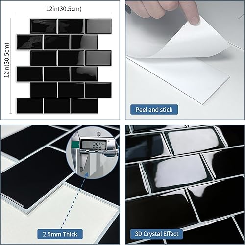 Tiwoos 10 Credence Adhesive Adhesif Mural pour Cuisine Autocollant Carrelage Salle de Bain,Noir (30.5x 30.5cm) - Nail Gallerys