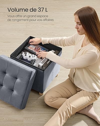 SONGMICS Tabouret de Rangement, Cube Pliable, 38 x 38 x 40 cm, Pouf, Repose-Pieds, 37 L, Surface en Velours, pour Chambre, Salon, Dortoir, Gris Ardoise LSF0516G01 - Nail Gallerys
