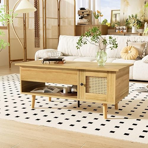 Sweiko Table Basse multifonctionnelle avec Plateau relevable et Porte en rotin, Table de Rangement de Salon avec Espace de Rangement Pratique et Design Fonctionnel (103 L x 50 B x 46 H) - Nail Gallerys