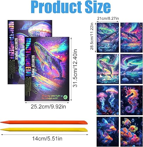8 Feuilles de Carte a Gratter, A4 Dessin a Gratter Adulte, Scratch Paper Rainbow Painting avec 2 Stylos à Tracer, Magic Scratch art Kit pour Décoration, Excellent Cadeau (Monde de la Mer + Baleine) - Nail Gallerys