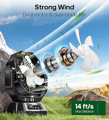 VTHW Ventilateur de Camping avec lanterne LED, 20000mAh Ventilateur Rechargeable Avec Télécommande et Crochet, Rotation 270°, Vitesse Réglable, Mode Minuterie,Pour l'intérieur et l'extérieur (vert) - Nail Gallerys