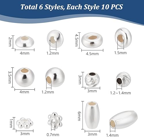 PH PandaHall 60pcs Perles en argent Sterling 925 pour bijoux, Perles d'espacement pour bracelet 6 styles Perles lisses en vrac pour l'artisanat Bague Collier Boucle D'oreille Bracelets, 3-4.5mm - Nail Gallerys