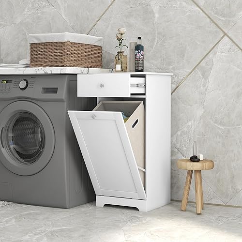 HOMCOM Meuble de Salle de Bain avec Panier à Linge Pliable, Meuble de Rangement avec tiroir - 40L x 40l x 90,5H cm - Blanc - Nail Gallerys