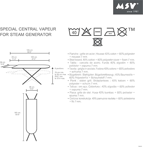 MSV, Table à Repasser - Hauteur Ajustable - Haute qualité Spécial Central Vapeur Motifs Divers, Planche à Repasser Pliante, avec Repose-Fer en Forme de H, Pieds antidérapants - Nail Gallerys