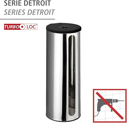 WENKO Porte papier toilette mural Detroit | Support papier toilette inox sans perçage | Turbo-Loc pour installation facile | Dimensions (l x h x p) 13,5 x 36 x 14 cm | Argent brillant - Nail Gallerys