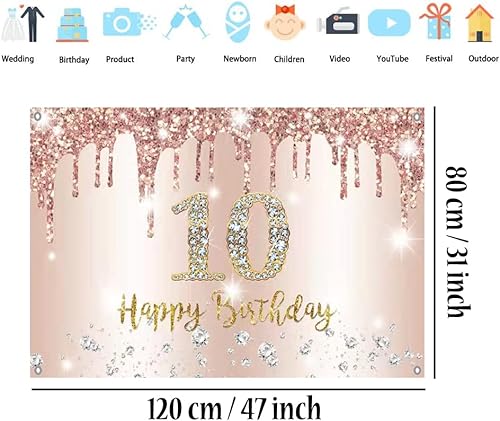 Bannière décorative 10e anniversaire fille or rose, 10e anniversaire tissu panneau affiche fond bannière fille fête d'anniversaire décoration - Nail Gallerys