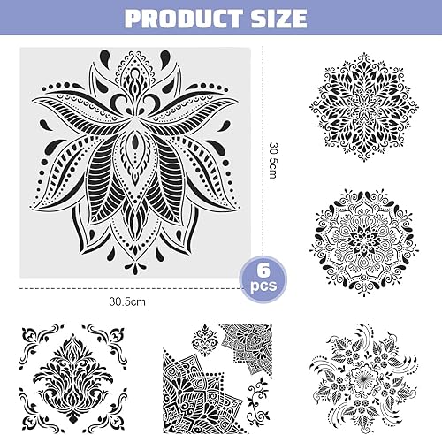 VCRANONR 6PCS Pochoir Mandala de Peinture, Grande Mandala Painting Stencil 30.5 * 30.5cm DIY Réutilisable Dessin Peinture Pochoirs à Dessin Floral Mandala Dot Painting Templates pour Déco Mural Tissu - Nail Gallerys