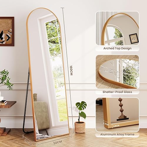 Dripex Miroir sur Pied Arqué, Grand Miroir Mural avec Cadre en Aluminium 150x40cm, Miroir en Pied Penché ou Suspendu pour Salon, Chambre, Salon, Entrée-Or - Nail Gallerys