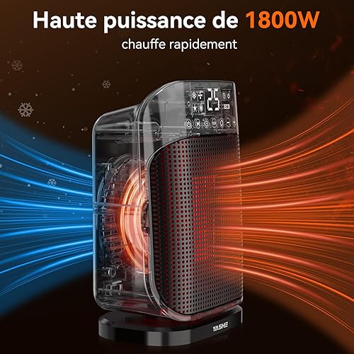 YASHE Chauffage d'appoint 1800W, Radiateur électrique en céramique PTC avec thermostat, minuterie 24h, télécommande, oscillant 75°, protection anti-surchauffe et anti-basculement, mode ECO - Nail Gallerys