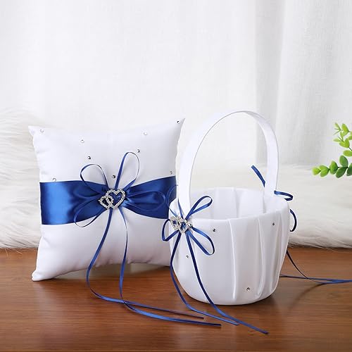 Lot de 2 Paniers de Mariage pour Fille de Fleur et Oreiller Porteur D'anneaux, Panier de Mariage en Satin Blanc avec Strass Double Cœur et Ensemble D'oreillers pour Alliances, Panier de(Rouge) - Nail Gallerys