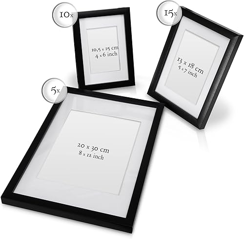 BOMOE Emotion Lot de Cadres Photo 30 Pcs 10x 10x15 cm, 15x 13x18 cm, 5x 20x30 cm pour Collages de Photos – Cadres Photo Noir avec Passepartout – Cadre Décoration Murale Bois avec Verre Plastique - Nail Gallerys