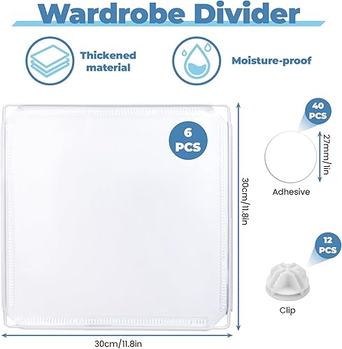 LELE LIFE Lot de 6 séparateurs d'étagère transparents pour organisation de placard, 30 x 30 cm, adhésif puissant pour vêtements, sac à main, pull, serviette - Nail Gallerys