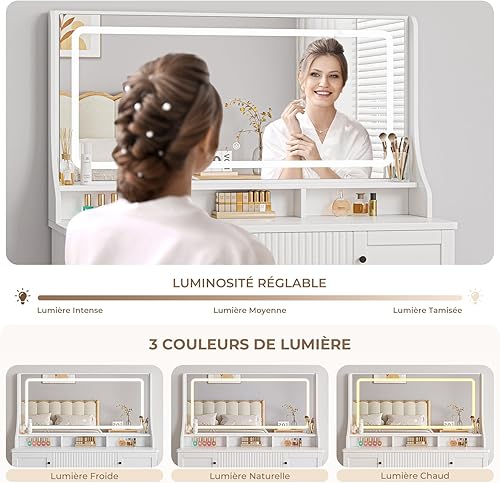 Dripex Coiffeuse avec Miroir LED à 3 Couleurs et Luminosité Réglable, Table de Maquillage avec Multiprise, 1 Grand Tiroir et 2 Armoires Latérales à 3 Étages, Table Cosmétique 110 x 40 x 135 cm, Blanc - Nail Gallerys