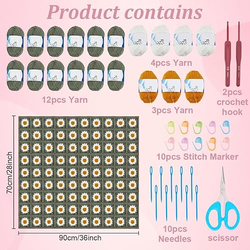 WEBEEDY Kit de Couverture au Crochet pour Débutants Kit de Crochet de Carrés Granny Daisy pour Adulte avec Tutoriels Vidéo Étape Par Étape Fil à Aiguille à pour Tricot Facile (Vert),90x70cm - Nail Gallerys