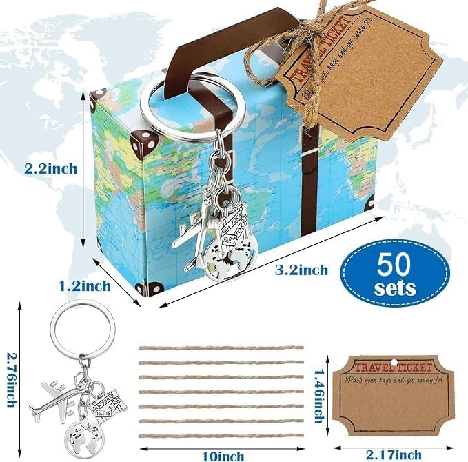 Aotoer Lot de 50 mini valises avec carte du monde - Avec porte-clés en forme d'avion, billet de voyage et ficelle de jute pour fête sur le thème du voyage, fête prénuptiale, décorations de mariage - Nail Gallerys