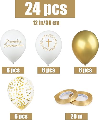 24 Ballons Latex pour Première Communion Blanc Doré avec Rubans Dorés Décoration Fête Communion Accessoires pour Cérémonie - Nail Gallerys