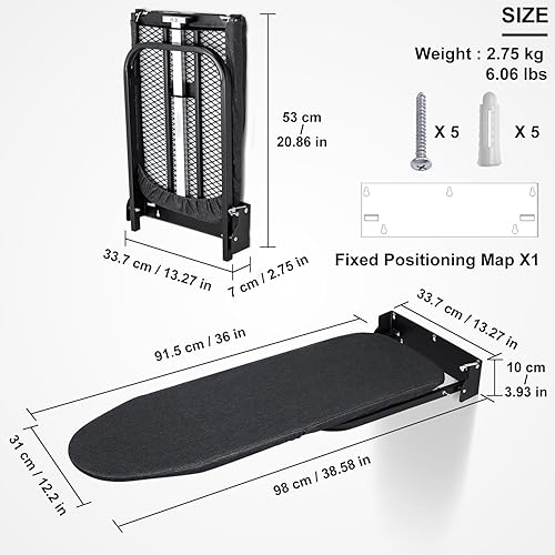 Duwee Planche à Repasser Murale Pliable avec Housse résistante à la Chaleur, Planche à Repasser compacte pour Petits espaces, Noir, 32 x 93 cm - Nail Gallerys