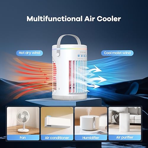 Climatiseur Mobile, Refroidisseur d'air 1400ML avec Télécommande, 3 Vitesses, 2 Modes de Brumisation, Mini Climatiseur 7 Lumières LED, Ventilateur de refroidisseur d'air pour Maison, Bureau - Nail Gallerys