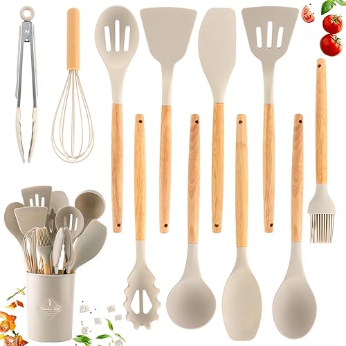 12 Pièce Ustensiles de Cuisine en Silicone Ustensiles Cuisine avec Porte-Ustensiles, Kit Cuisine Sans BPA AntiadhéSifs, Ensemble Ustensiles De Cuisine Avec PoignéE En Bois, Ustensiles de Cuisine Set - Nail Gallerys
