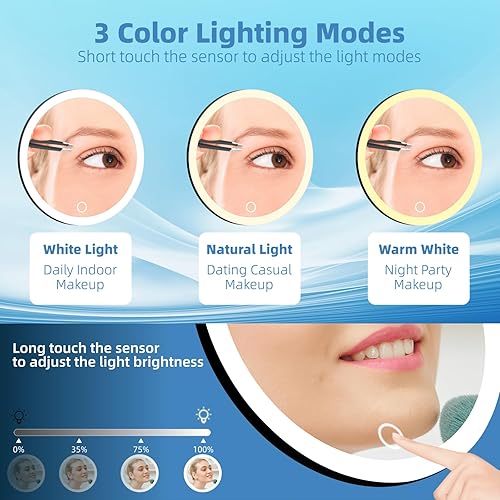 Junyaoxuan Miroir grossissant x30 avec lumière, grand miroir de maquillage de 15,2 cm, 3 couleurs à intensité variable, 3 ventouses, LED portable, noir - Nail Gallerys