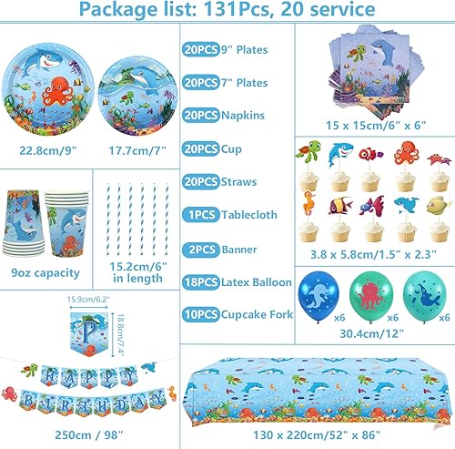 LSJDEER Fourniture de la fête motif Sous la mer - Vaisselle Ocean Sea Party - Assiettes, Tasses, Serviettes, Gâteaux pour décorations de fête d'anniversaire du monde sous-marin, Pour 20 personnes - Nail Gallerys