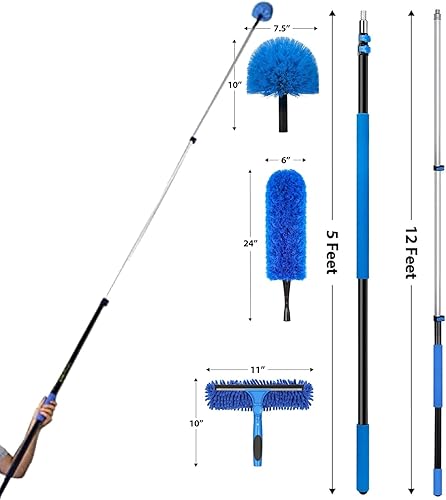 Kit de nettoyage pour plumeau haute portée, tige d'extension de 3,7 m, portée de 6 m, plumeau en toile d'araignée et manche télescopique, pour raclette et brosse à récurer haute fenêtre, brosse en - Nail Gallerys