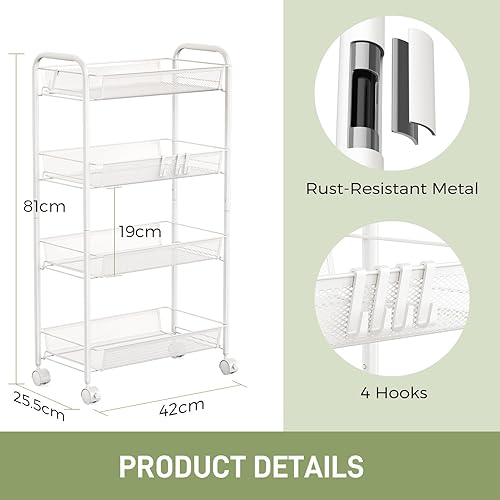 WELDUN Chariot de rangement à 4 niveaux - Chariot de rangement en maille - Chariot de rangement mobile - Chariot de rangement pour chambre à coucher, cuisine, salle de bain, salon - Métal - Blanc - Nail Gallerys