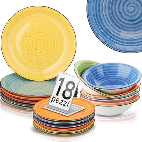 Shally Dogan Service d'assiettes pour 6 personnes en céramique multicolore, lot de 18 pièces servi de table colorée en grès cérame, assiette, assiette, fruits ou sucrés, accessoires de cuisine design - Nail Gallerys