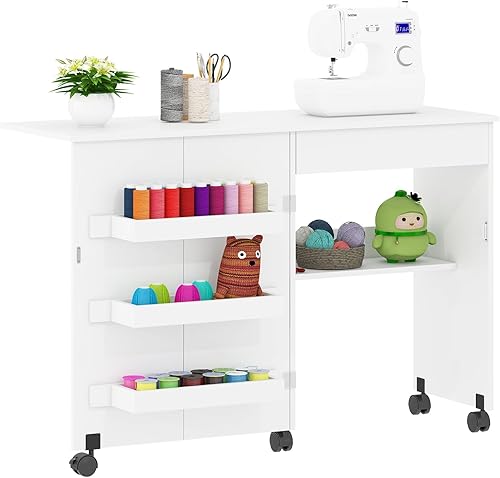 Table à coudre pliante 2 en 1 avec étagères de rangement ouvertes et roulettes à roulettes, poste de travail pour machine à coudre pour bureau à domicile - Nail Gallerys