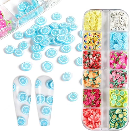 Lot de 12 grilles / boîte de perles d'argile souples aux fruits - Pour l'art des ongles de fruits - Disques en polymère 3D - Moule en résine époxy - Décoration - Nail Gallerys