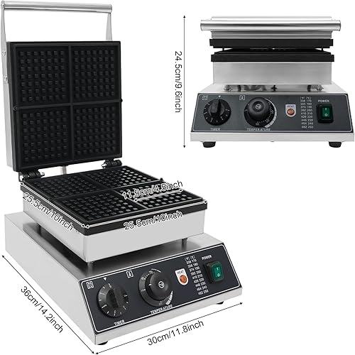 Gaufrier commercial, gaufrier belge, 1750 W, gaufrier avec 4 éléments chauffants, gaufrier électrique, température et temps réglables 0-5 min/50-300 °C, revêtement antiadhésif - Nail Gallerys