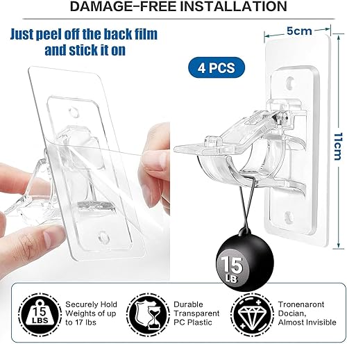 BelleVive 4 pièces Support de tringle à rideaux sans perçage, support adhésif pour tringle à rideaux, sans trou, crochet de tringle multifonction sans clous pour salle de bain, chambre, Transparent - Nail Gallerys