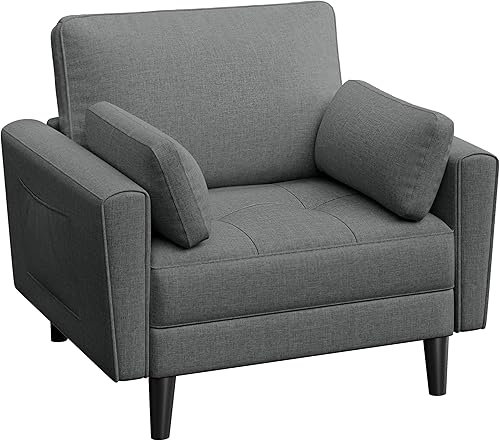 Yaheetech Fauteuil de Salon Moderne avec Accoudoir et Poches Fauteuil Relax avec Coussins Cadre en Bois Fauteuil Chambre en Tissu pour Salon Gris - Nail Gallerys