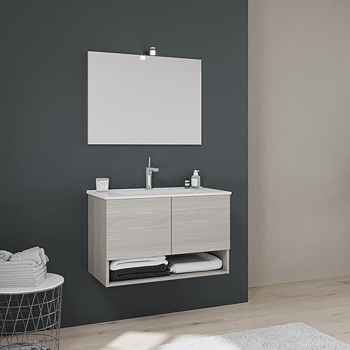 Kiamami Valentina Meuble de Salle de Bain Suspendu 80 cm 2 Portes en Bois chêne Miroir avec Cadre Lavabo en céramique Aménagement - Nail Gallerys