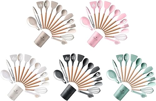 14 Pièces D'ustensiles Cuisine En Silicone Qualité Alimentaire Outils Cuisson Antiadhésifs Poignées En Bois Pinces Cuisine Cuillère Spatule Outil Poignées En Bois Gadget - Nail Gallerys