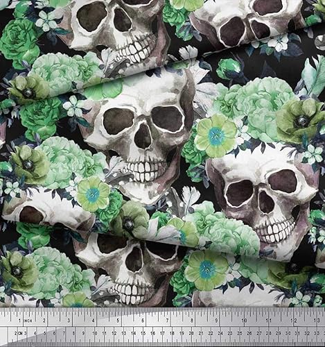Soimoi Bleu Batiste de Coton en Tissu crâne, Rose et anémone Fleur Tissu Imprime 1 Metre 42 Pouce Large - Nail Gallerys