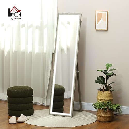 HOMCOM Grand Miroir Pleine Longueur 40 x 160 cm avec éclairage LED 3 Couleurs et Support, Miroir Mural ou sur Pied rectangulaire pour Chambre à Coucher Salon et Dressing, Gris - Nail Gallerys