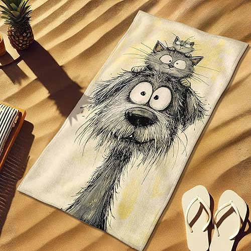Serviette de plage en microfibre motif chat et chien mignon, illustration de dessin animé, séchage rapide, absorbante, anti-sable, légère, idéale pour les pique-niques, les vacances, 177,8 x 88,9 cm - Nail Gallerys
