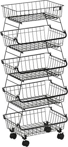 HOMCOM Panier de fruits et légumes avec roues, corbeille à fruits à 5 niveaux, support de rangement pour fruits avec roulettes, empilables, chariot de rangement pour cuisine en acier, 40 x 28 x 97 cm - Nail Gallerys