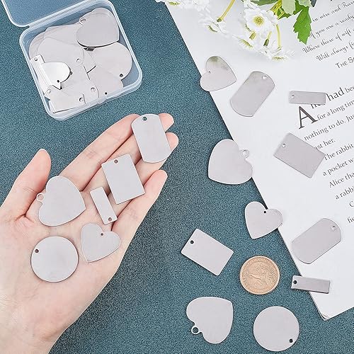 UNICRAFTALE 36 pièces 6 Styles Breloques en Acier Inoxydable Estampage des Pendentifs D'Étiquette Vierge, Rectangle/Coeur/Pendentifs Ronds Plats pour Bijoux, Couleur Inoxydable, 1.5-4mm Trou - Nail Gallerys
