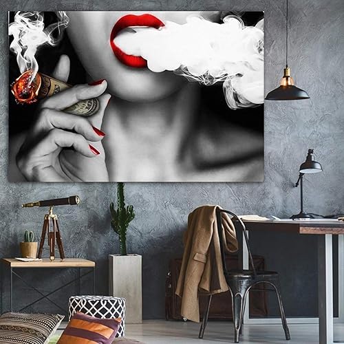 SJASD Décoration Murale Tableau Image HD Imprimé,Sexy Lèvres Rouges Femme Qui Fume Rétro Tableau Decoration Murale Rouge et Gris Chambre Adulte 50×70cm sans Cadre - Nail Gallerys