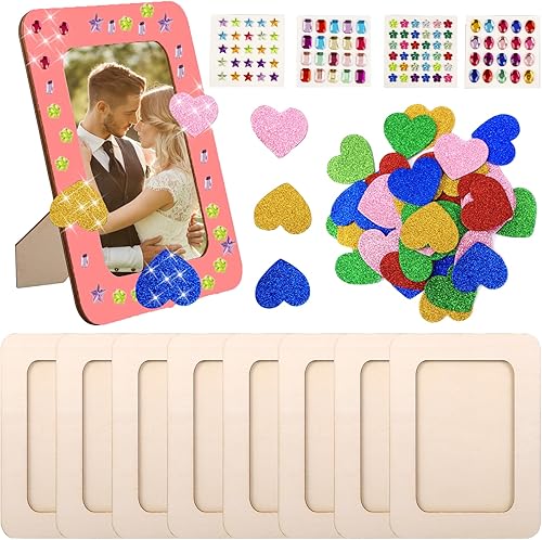 Nizirioo Lot de 8 cadres photo pour bricolage créatif avec autocollants diamants et autocollants poussière dorée - Couleur bois - Kit de bricolage pour anniversaire d'enfant - Cadeaux d'artisanat - Nail Gallerys