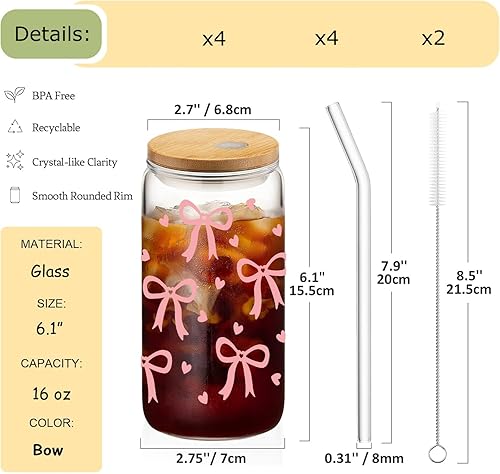 MEIMUCUL Verre avec Paille et Couvercle,Lot De 4 Verre Matcha Latte avec Paille,500ml Gobelet Smoothie,Iced Coffee Cup,Réutilisables pour Cocktail, Soda,Café Glacé,Cadeau - Nail Gallerys