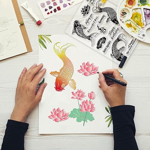 GLOBLELAND Koi Poissons Tampons Transparents Fleur de Lotus Feuille de Lotus Silicone Timbre Transparent Sceaux pour la Fabrication de Cartes DIY Scrapbooking Photo Journal Album Décoration - Nail Gallerys